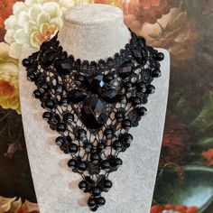 One Of The Kind Black Color Lace Necklace, Hand Made , 12 Inch Long Around Neck + 11.5 Inch Long Black Ribbon On Each Side . 7 Inch Long . All Black Round Beats Are Attached To Lace , Bigger Stones Are Glued . New , No Tag . Black Choker Necklaces For Party, Black Gothic Necklace For Evening, Gothic Black Necklace For Evening, Black Beaded Choker For Evening, Evening Black Bead Choker Necklace, Evening Black Beads Choker Necklace, Evening Black Beaded Choker Necklace, Evening Black Beaded Choker, Black Choker Necklace For Evening