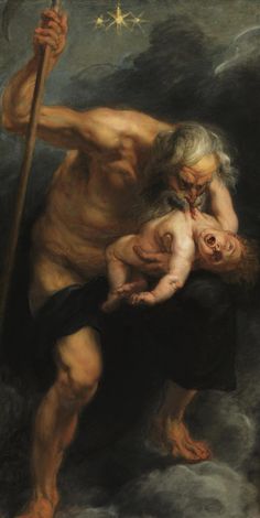 the painting depicts an old man holding a young child in his arms, and he is holding