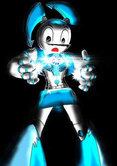 an animated character with blue and white hair holding a light up ball in his hand