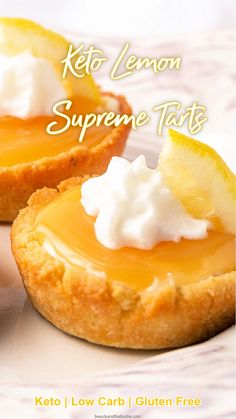 keto lemon supreme tarts on a white plate with the title text overlay