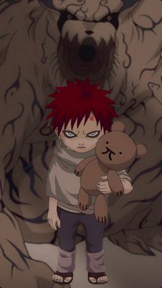 a young boy holding a teddy bear in front of a large animal with red hair