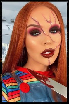 Chucky Easy Makeup, Halloween Makeup Themes, How To Do Chucky Makeup, Halloween Chucky Makeup, Cute Chucky Makeup, Halloween Makeup Colorful, Easy Chucky Makeup, Halloween 2024 Makeup, Chucky Costume Makeup