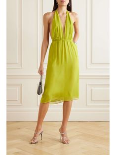 CHRISTOPHER ESBER Spring silk-georgette halterneck midi dress Lime Dressing, Christopher Esber, Lightweight Dress, Matthew Williamson, Designer Accessories, Green Midi Dress, Green Silk, Halter Neckline, Fitted Bodice