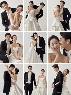 many different pictures of people in wedding dresses and tuxedos posing for the camera