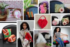 many different pictures of dolls and handbags in the same photo, one has a heart on it