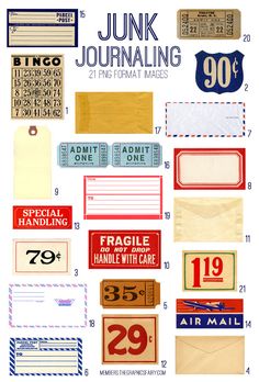 various mail envelopes and tags with the words junk journal written on them in red, white, and blue