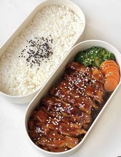 two containers filled with rice and meat next to broccoli, carrots and cauliflower