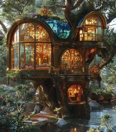 a tree house in the middle of a forest