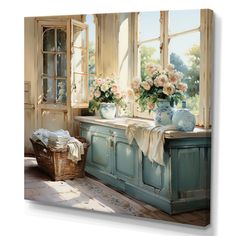 a painting of flowers in vases on a window sill next to a sink