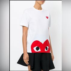 Play Comme Does Garcons - T-Shirt - Bottom Heart Tee-Monogram Embroidered Small Hart Size Medium -Slim Fit - But Fits Small.Cotton..Nwt Play Tshirt, Heart Tee, Comme Des Garcons Play, Comme Des Garcons, Red White, Colorful Shirts, Red And White, Top Blouse, Monogram