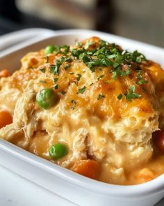 a casserole dish with meat and vegetables in it sitting on a white plate