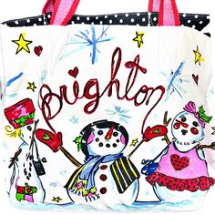 Brand New Brighton Snow Day Large White Tote Bag Featuring All Designs In Bright Colors Giving Fab Contrast & Those Merry & Bright Vibes Many Yellow Stars, And Snowflakes In Light Blue All Over Bag And Sides Have Snowflakes One Side Has A Snowman And Says “Happy Holidays” And The Other Side Has Caroling Snowmen / Women With Brighton Written In Black The Bottom Is Super Cute Matte Light Baby Blue Frame Around Red Heart And Quote “Enjoy The Magic Of The Season” Handled : Bright Pink & Red Stripe C White Double Handle Satchel As Gift, White Tote Satchel As Gift, White Tote Satchel For Gift, White Double Handle Bags As Gift, White Double Handle Gift Bag, White Double Handle Gift Bags, White Tote Gift Bag, Brighton Purses, Holiday Canvas