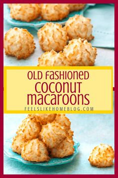 gluten - free coconut macaroons on a blue plate with the title overlay