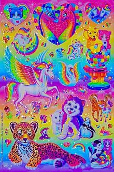 an image of colorful stickers with animals and unicorns on the back of it