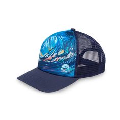 a blue trucker hat with an image of a wave in the ocean on it