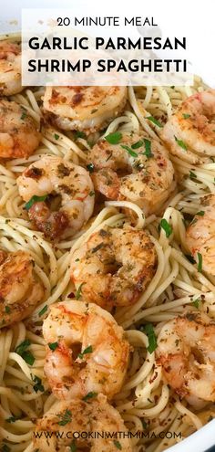 garlic parmesan shrimp pasta in a white bowl on a blue tablecloth with text overlay