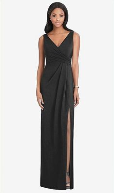 Draped Wrap Maxi Bridesmaid Dress With Front Slit - Sena In Black | The Dessy Group Black Bridesmaids, Wedding Dress Store, Drape Dress, Maxi Bridesmaid Dresses, Wrap Maxi Dress, Draped Skirt, Infinity Dress, Black Bridesmaid Dresses, Bridal Party Dresses