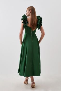 Dressy Satin Dress With Ruffles, Elegant Taffeta Midi Dress For Party, Elegant Taffeta Dress With Ruffles, Elegant Spring Taffeta Dress, Elegant Taffeta Spring Dress, Chic A-line Taffeta Midi Dress, Feminine Spring Taffeta Dress, Formal Taffeta Ruffle Dresses, Midi-length Satin Dresses For Garden Party