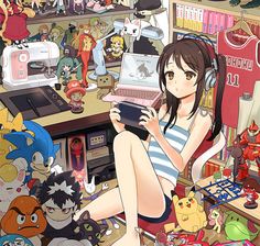 a woman sitting in front of a laptop computer surrounded by pokemon dolls and other toys