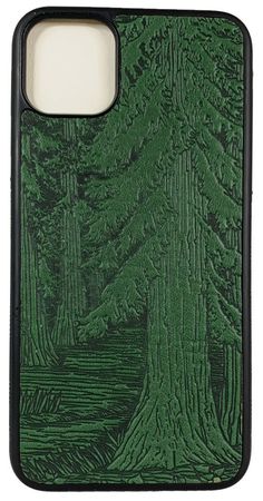 an iphone case with trees and grass on the back, in dark green woodgrain