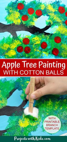 the apple tree painting with cotton balls is an easy art project for kids to do