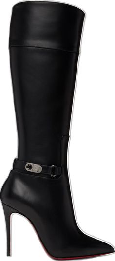 Luxury Black Calf Leather Knee-high Boots, Luxury Black Knee-high Boots With Leather Lining, Luxury Calf Leather Mid-calf Boots, Luxury Black Knee-high Boots, Luxury Calf Leather Knee-high Heeled Boots, Designer Black Calf Leather Knee-high Boots, Red Leather, Knee High, Stiletto Heels