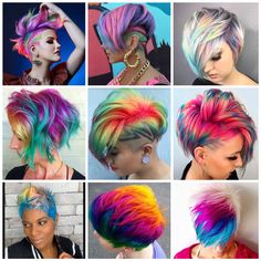 Rainbow Pixie Hair, Short Rainbow Hair, Color Straight Hair, Curly Hair Wavy, Hairstyle Cute, Mohawk Haircut, Funky Hair, Color Formulas, Hair Color Formulas