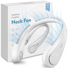 the bluetooths neck fan is in front of a box with it's packaging