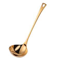 a golden spoon with a long handle on a white background