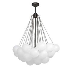 a chandelier with white glass balls hanging from it's metal frame and black finish