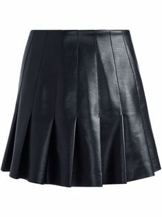 Jet-black pleated faux leather skirt from Alice + Olivia featuring pleat detailing, high-waisted and flared design. | Alice + Olivia Pleated Faux Leather Skirt Faux Leather Pleated Skirt, Pleated Skirt Black, Leather Pleated Skirt, Plaid Cardigan, Faux Leather Mini Skirt, Black Leather Skirts, High Waisted Flares, Faux Leather Fabric, Faux Leather Skirt