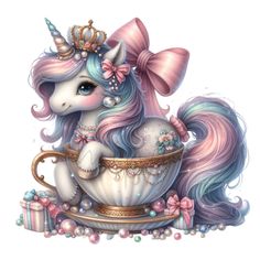 a unicorn sitting on top of a teacup filled with pearls and pink bowtie