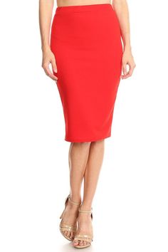 A soft and stretchy fabric adds easy comfort to this classic pencil skirt with a high waist and elastic waistband. Material: 96% polyester 4% spandex Stretch: Slightly stretchy Care: Machine wash cold, gentle cycle, tumble dry low. Made in USA Model is wearing size S Length: Approx 25.5 inches from waist to hem Missy Dresses, Bodycon Pencil Skirt, Moa Collection, Knee Length Skirt Pencil, Graphic Tee Dress, High Waisted Pencil Skirt, Midi Skirt Pencil, Sweaters And Leggings, Leather Outfit