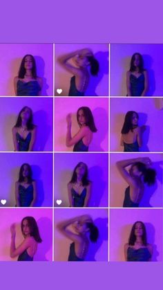 a collage of photos of a woman in a black dress posing for the camera