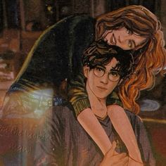 a drawing of harry potter and hermione's hogwarts mate hugging each other