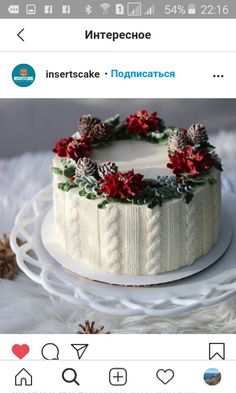 the cake is decorated with pine cones and poinsettis on it's sides