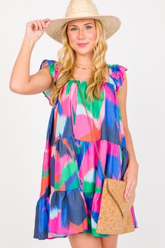 Playful Multicolor Dress With Smocked Back, Multicolor Dresses With Ruffled Straps For Vacation, Multicolor Vacation Dresses With Ruffled Straps, Multicolor Dress With Smocked Back And Ruffled Straps, Multicolor Tiered Sundress With Ruffles, Multicolor Ruffled Mini Sundress, Multicolor Flowy Tiered Sundress, Multicolor Ruffled Straps Summer Dress, Playful Multicolor Sundress For The Beach