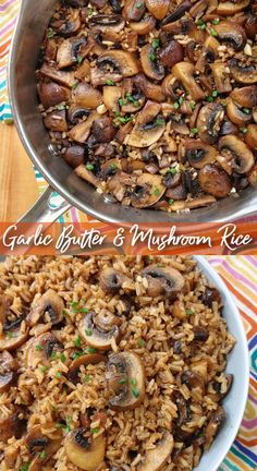 two plates with rice and mushrooms in them on a colorful table cloth next to a silver pan filled with mushroom risols