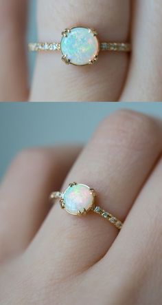 Each of our white Australian Opals is unique with pink, yellow, and blue flashes. Sitting flush to the finger, the low-profile design of this ring is effortlessly wearable. The delicate double claw style prongs elegantly hold the center stone and add a touch of Old Hollywood glamour. Delicate 1mm pave adds additional sparkle. White Gold Solitaire Opal Ring With Round Cut, 14k Gold Brilliant Cut Opal Ring, Brilliant Cut Opal Ring In 14k Gold, Fine Jewelry Opal Ring With Prong Setting, White Solitaire Opal Ring Fine Jewelry, Opal Ring With Prong Setting In Round Cut, Budget Friendly Engagement Rings, Banana Phone, Tribe Fashion