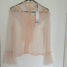 Romantic Boho Design Long Sleeve + Zip Up In Back 100% Polyester Feminine Lace Top Blouse, Feminine Beige Party Top, Feminine Beige Blouse For Party, Elegant Sheer Tops For Brunch, Spring Party Beige Blouse, Feminine Beige Blouse For Spring, Cream Tops For Spring Evening, Cream Evening Tops For Spring, Cream Evening Top For Spring