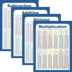 three sets of division worksheets, each with numbers and times on the front