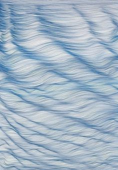 an abstract painting with wavy lines in blue and white