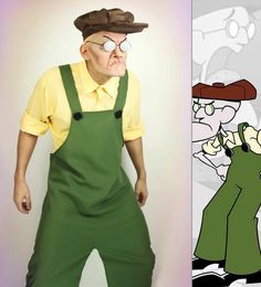 an old man wearing green overalls and a yellow shirt is standing in front of a cartoon character