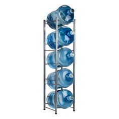 a metal rack with blue water bottles on it