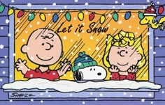 a charlie brown christmas card with two people and a snowman in the window,