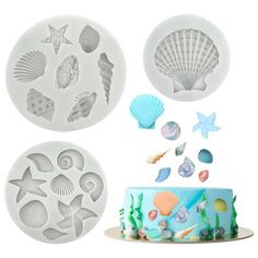 three seashells, one cake and the other under sea shells