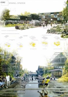 two different views of people walking and sitting in the water at an open air park