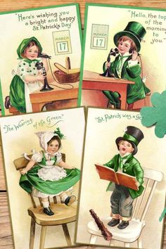 four vintage st patrick's day greeting cards with children in green outfits and hats