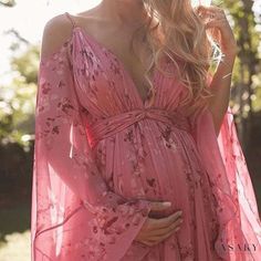 Lasaky - Maternity Floor-Length Dress with Spaghetti Straps, Deep V-Neck, Printed Design, and Pleated Batwing Sleeves Dress For Pregnant Women, Bohemian Dresses Long, Print Chiffon Maxi Dress, Pink Strapless Dress, Spring Maxi Dress, Maternity Dresses For Photoshoot, Floral Print Dress Long, Baby Shower Dresses, Bohemian Maxi Dress