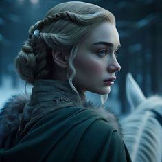 game of thrones'daeneress starke looks on as she stands next to a white horse